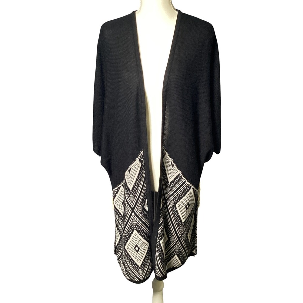 Umgee Cardigan Womens XL/1XL Boho Geometric Fringe Open Front Kimono Wrap Black